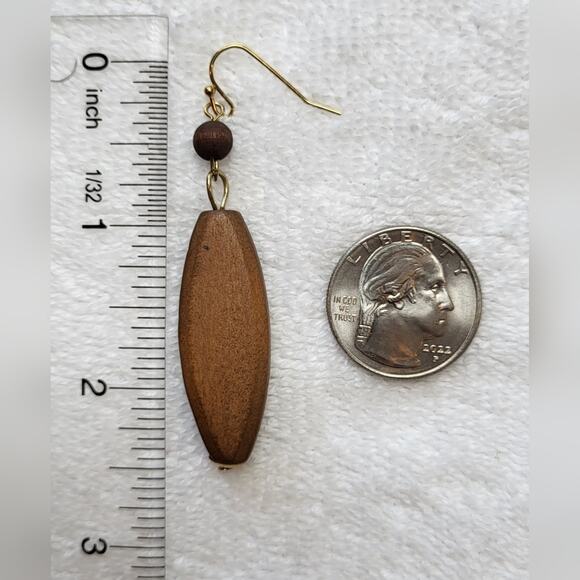 Geometric Wooden Dangle Earrings – Boho Gold Tone Statement Drops - Picture 6 of 9